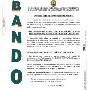 Anuncio de recaudación municipal. IBI urbana y rústica 2026